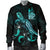 New Caledonia Polynesian Men's Bomber Jacket - Turtle With Blooming Hibiscus Turquoise - Polynesian Pride