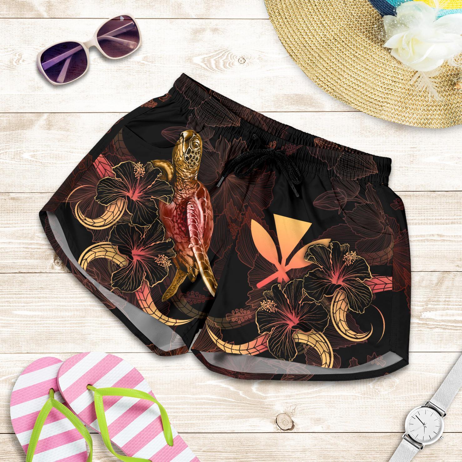 Hawaii Polynesian Women's Shorts - Turtle With Blooming Hibiscus Gold Women Gold - Polynesian Pride