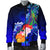 Marshall Islands Men's Bomber Jacket - Humpback Whale with Tropical Flowers (Blue) - Polynesian Pride