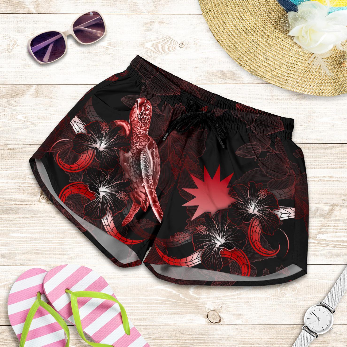 Nauru Polynesian Women's Shorts - Turtle With Blooming Hibiscus Red Women Red - Polynesian Pride