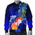 Yap Men's Bomber Jacket - Humpback Whale with Tropical Flowers (Blue) - Polynesian Pride