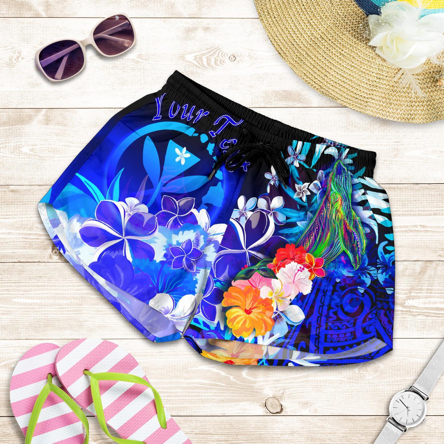 Polynesian Hawaii Custom Personalised Premium Women's Short - Kanaka Maoli Humpback Whale with Tropical Flowers (Blue) Women Blue - Polynesian Pride