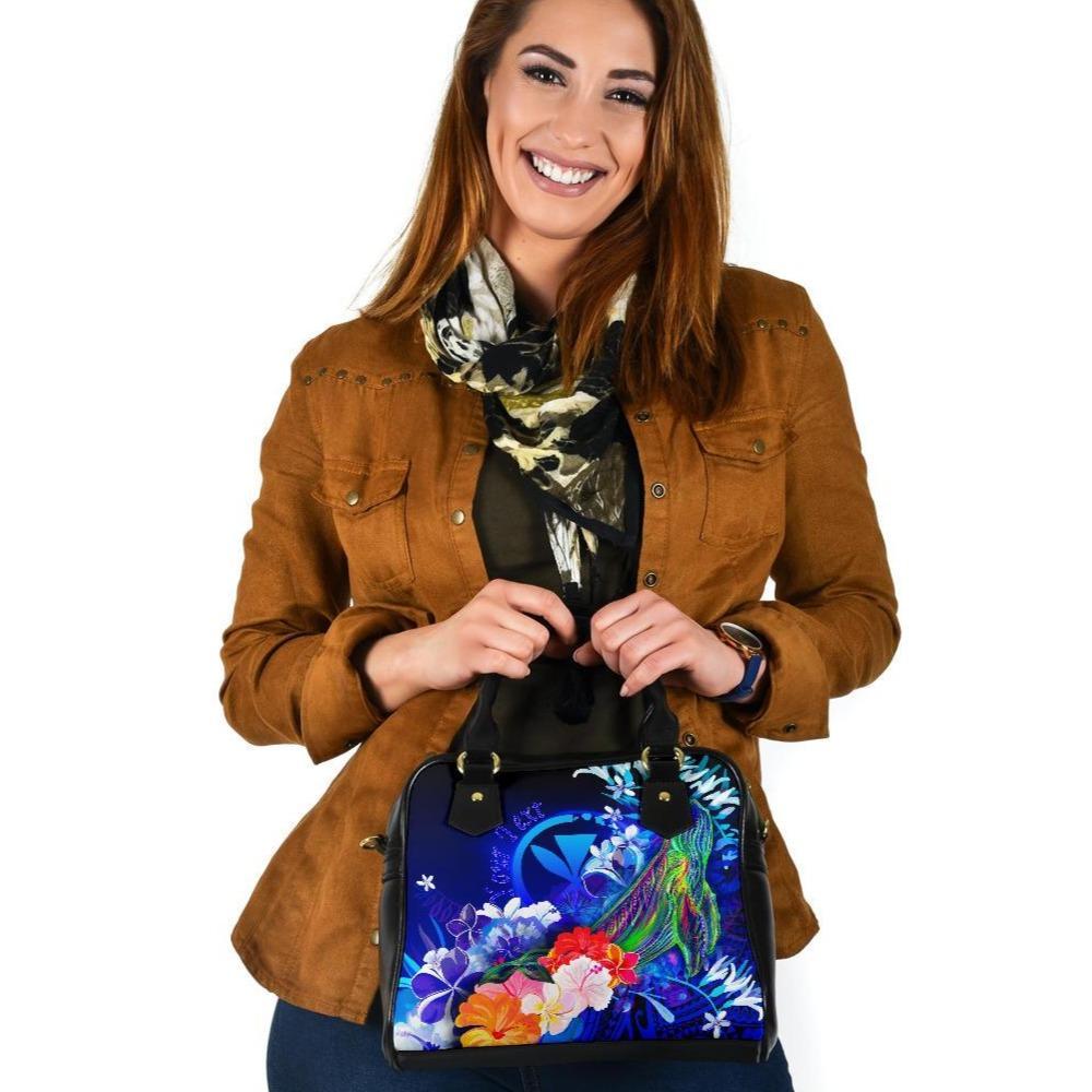 Polynesian Hawaii Custom Personalised Premium Shoulder Handbags - Kanaka Maoli Humpback Whale with Tropical Flowers (Blue) One Size Blue - Polynesian Pride