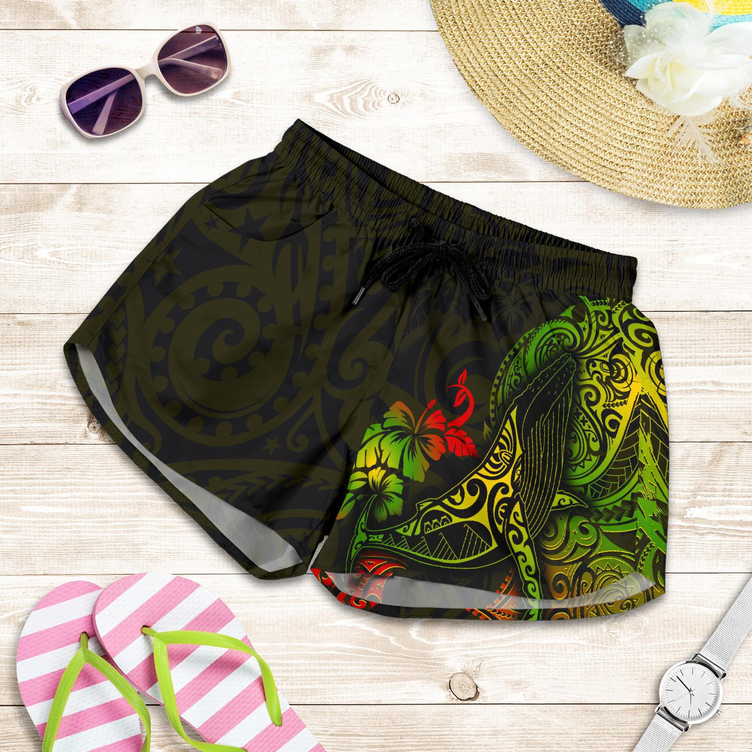 Hawaii Women's Shorts - Polynesian Humpback Whale Women BLACK - Polynesian Pride