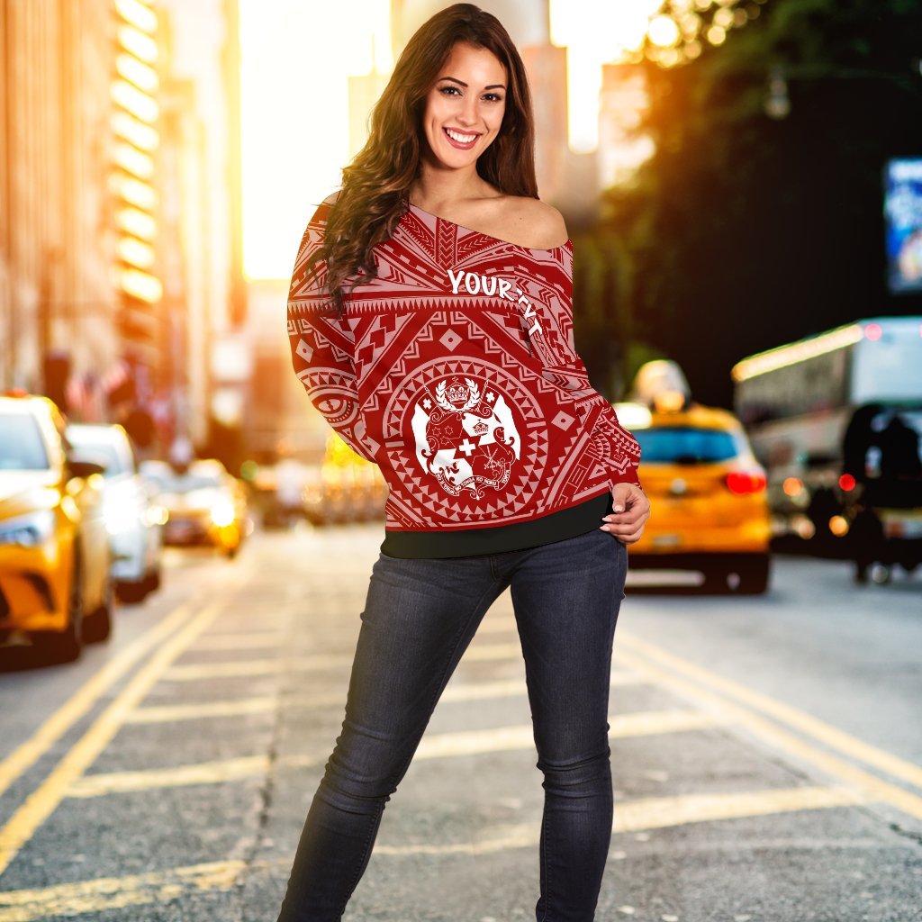 Tonga Personalised Women's Off Shoulder Sweater - Tonga Seal With Polynesian Tattoo Style (Red) Red - Polynesian Pride