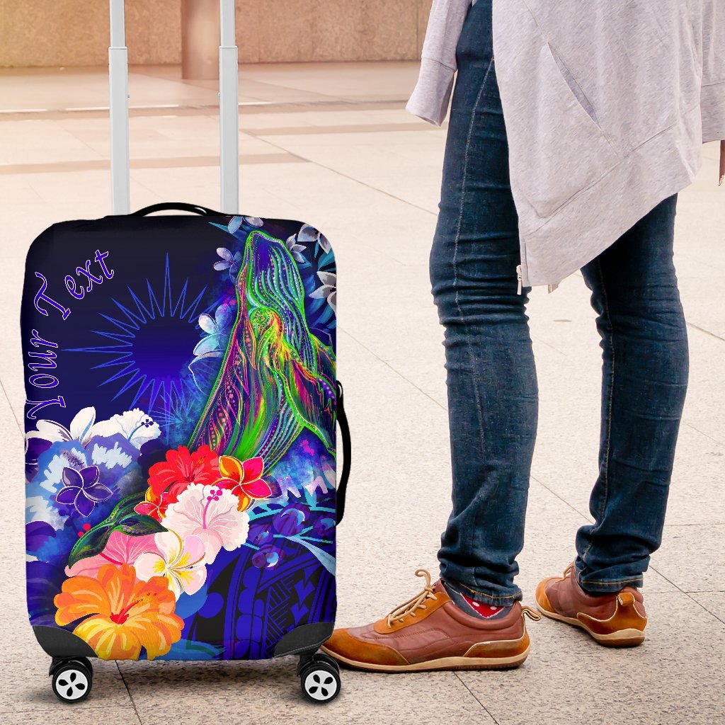 Marshall Islands Custom Personalised Luggage Covers - Humpback Whale with Tropical Flowers (Blue) Blue - Polynesian Pride