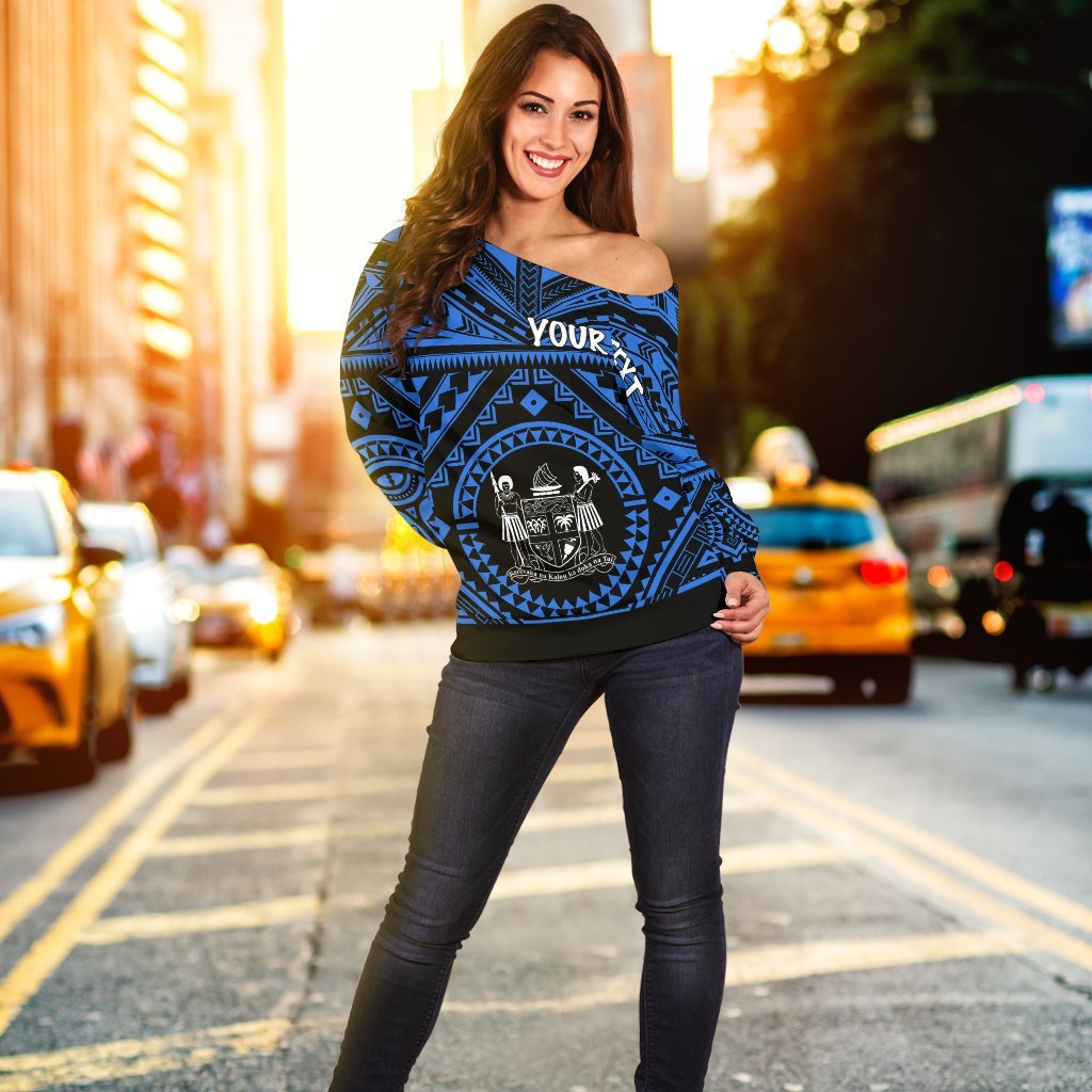 Fiji Personalised Women's Off Shoulder Sweater - Fiji Seal With Polynesian Tattoo Style ( Blue) Blue - Polynesian Pride