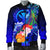 Polynesian Hawaii Men's Bomber Jacket - Kanaka Maoli Humpback Whale with Tropical Flowers (Blue) - Polynesian Pride