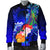 Tahiti Custom Personalised Men's Bomber Jacket - Humpback Whale with Tropical Flowers (Blue) - Polynesian Pride