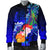 Guam Men's Bomber Jacket - Humpback Whale with Tropical Flowers (Blue) - Polynesian Pride