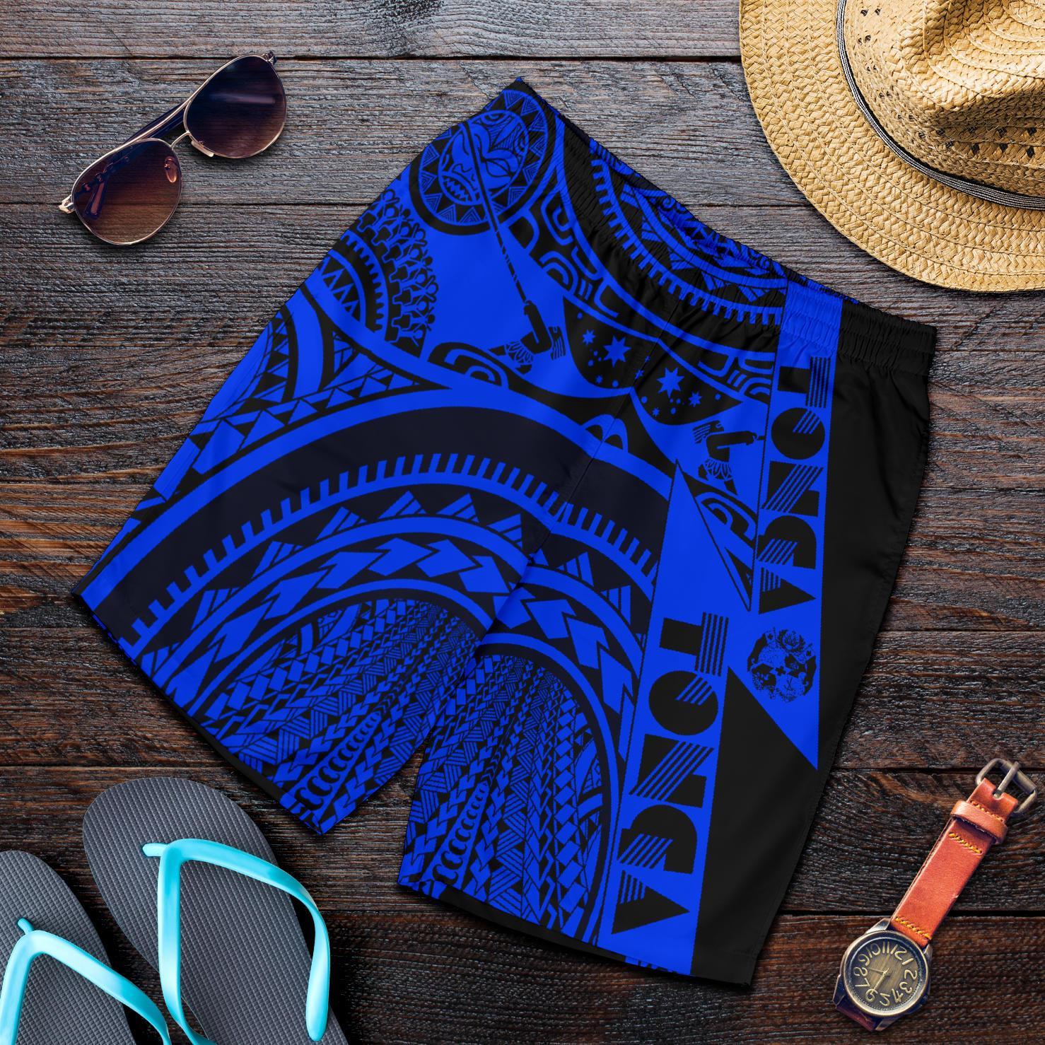 Polynesian Men's Shorts - Maui Moana Tattoo with Seal Tonga Blue - Polynesian Pride