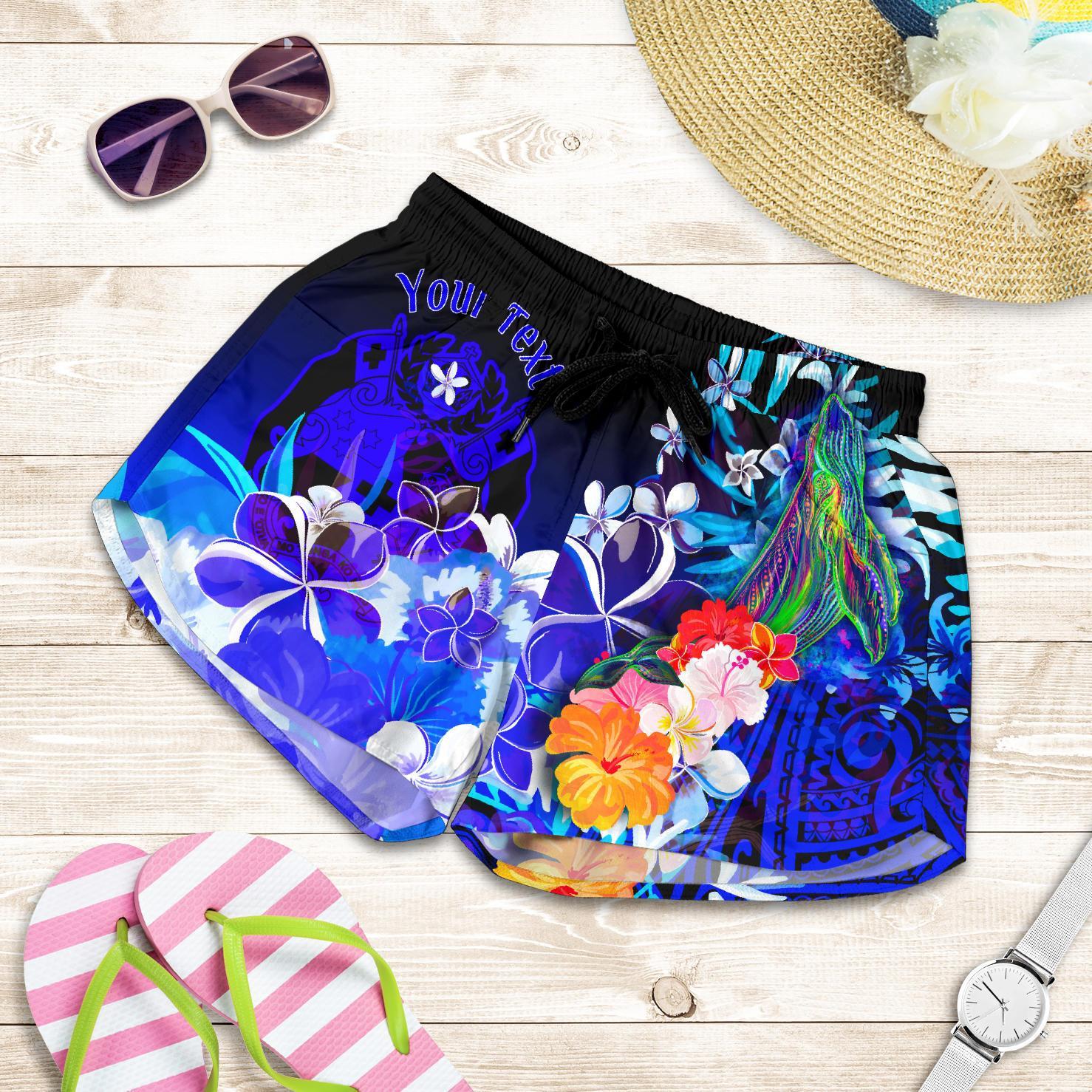 Tonga Custom Personalised Women's Shorts - Humpback Whale with Tropical Flowers (Blue) Women Blue - Polynesian Pride