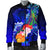 Kosrae Men's Bomber Jacket - Humpback Whale with Tropical Flowers (Blue) - Polynesian Pride