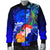 Polynesian Hawaii Custom Personalised Men's Bomber Jacket - Humpback Whale with Tropical Flowers (Blue) - Polynesian Pride