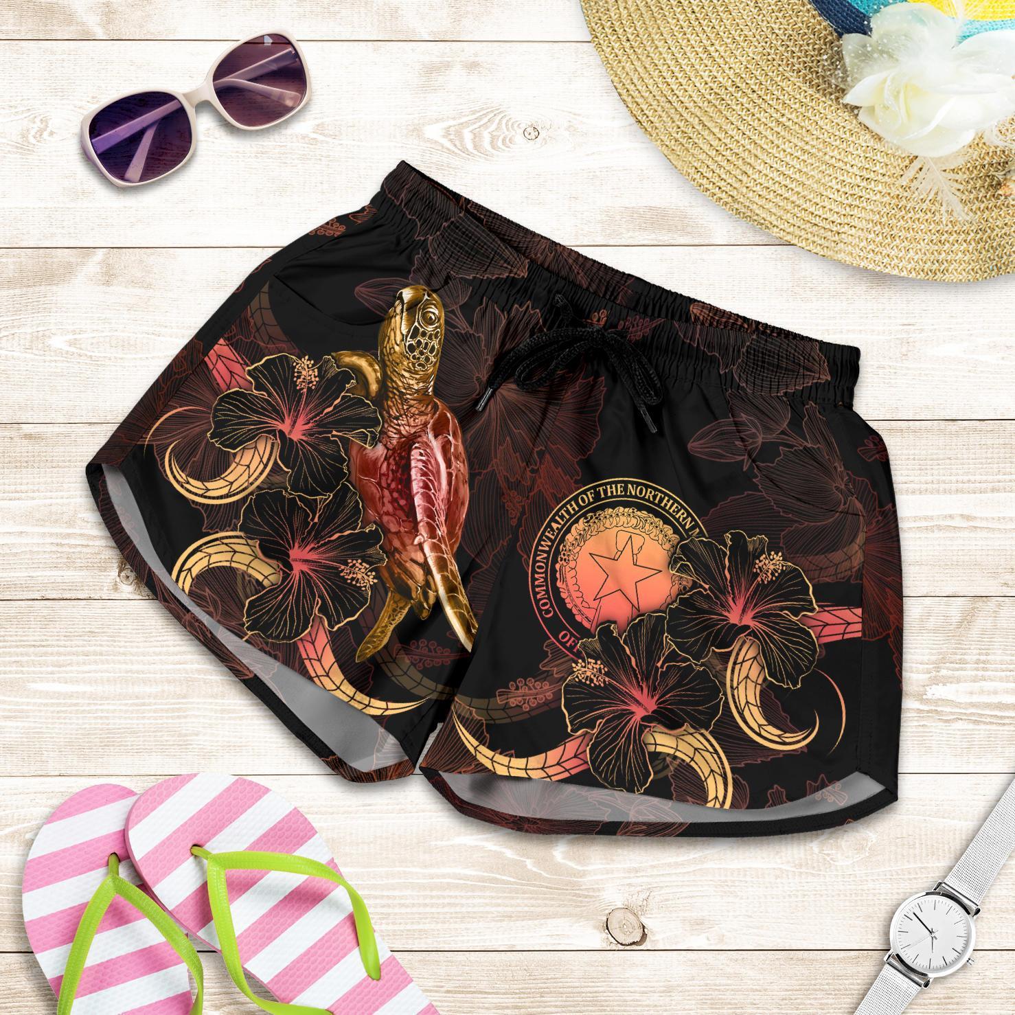 CNMI Polynesian Women's Shorts - Turtle With Blooming Hibiscus Gold Women Gold - Polynesian Pride