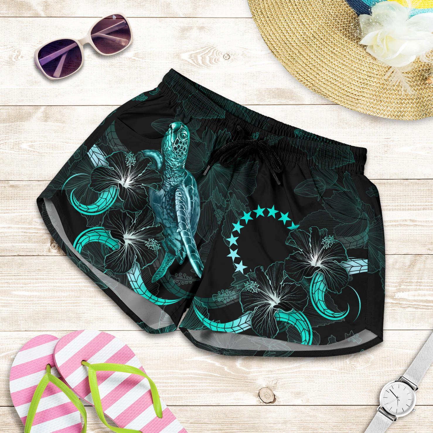 Cook Islands Polynesian Women's Shorts - Turtle With Blooming Hibiscus Turquoise Women Art - Polynesian Pride