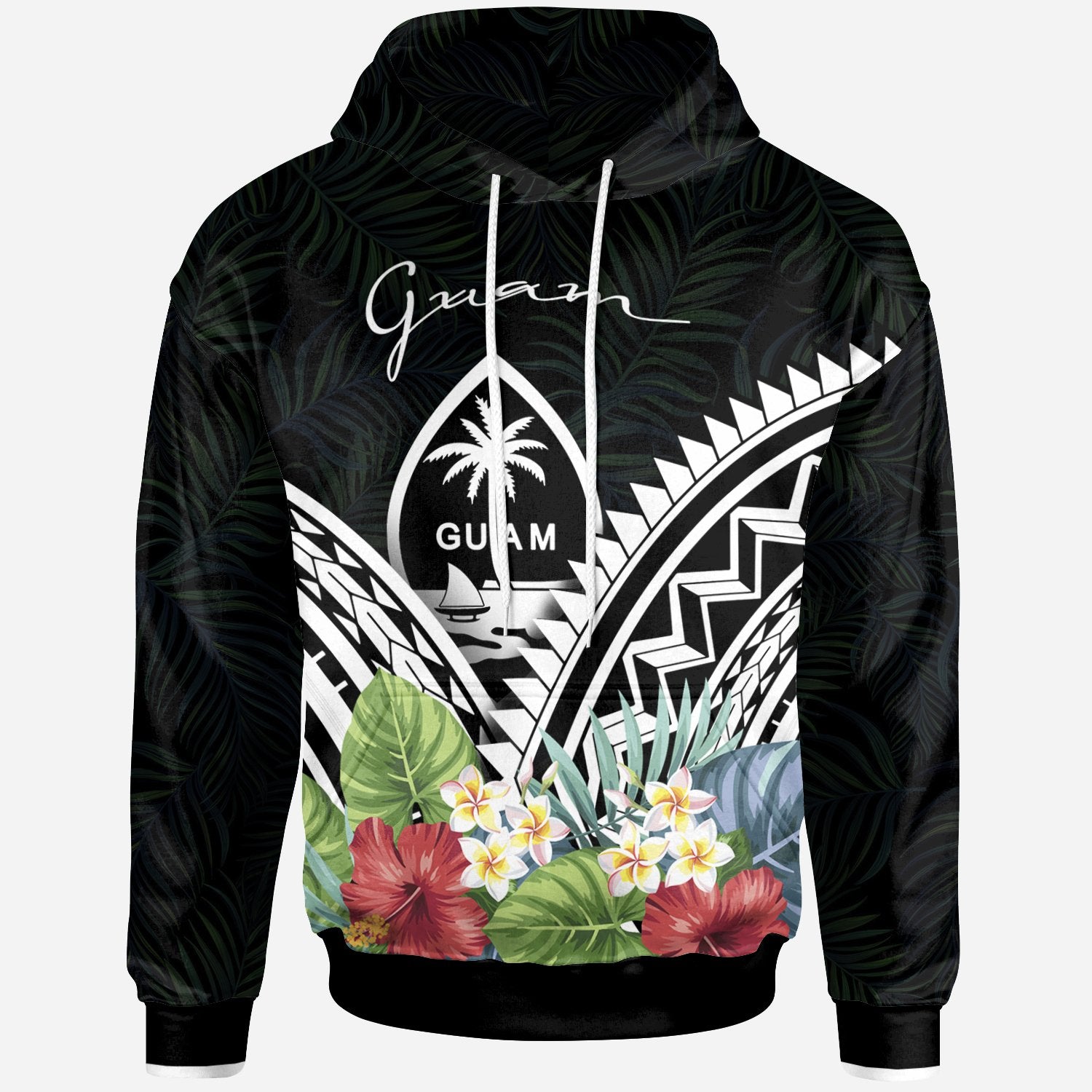 Guam Hoodie Guam Coat of Arms & Polynesian Tropical Flowers White Unisex White - Polynesian Pride