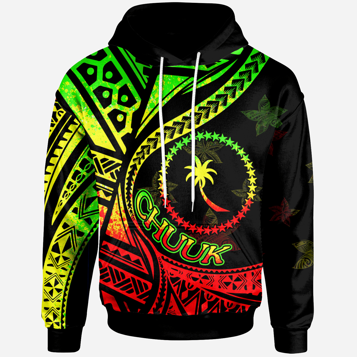 Chuuk Hoodie Plumeria Flowers Reggae Version Unisex Black - Polynesian Pride