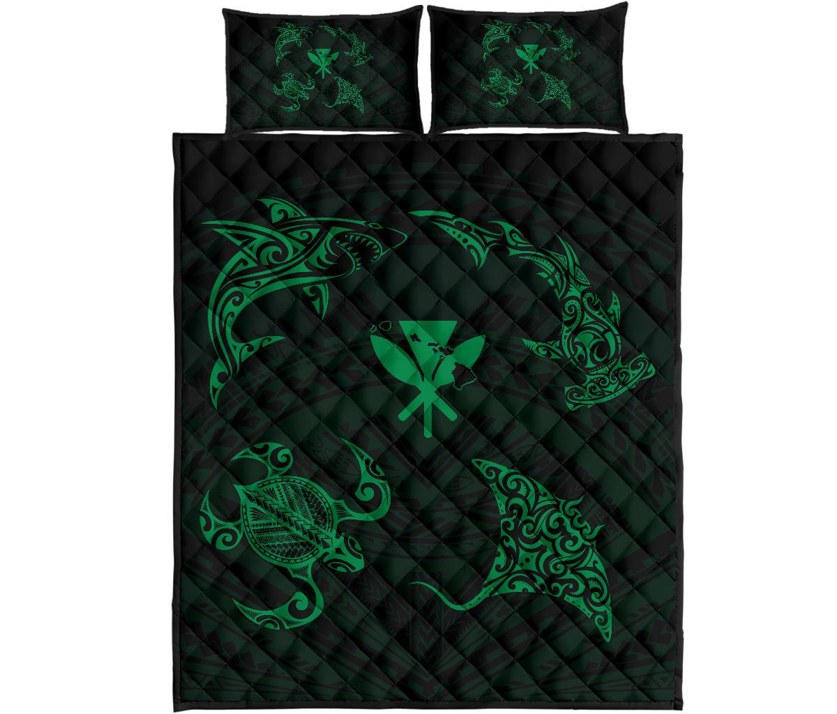 Hawaii Map Kanaka Polynesian Quilt Bed Set Circle Underwater Green Green - Polynesian Pride