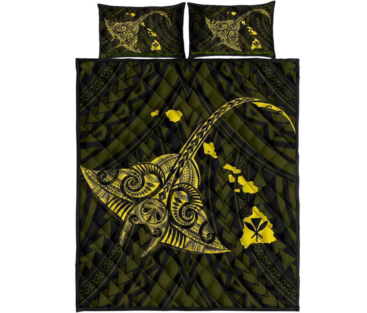 Hawaii Manta Ray Map Polynesian Yellow Quilt Bed Set Yellow - Polynesian Pride