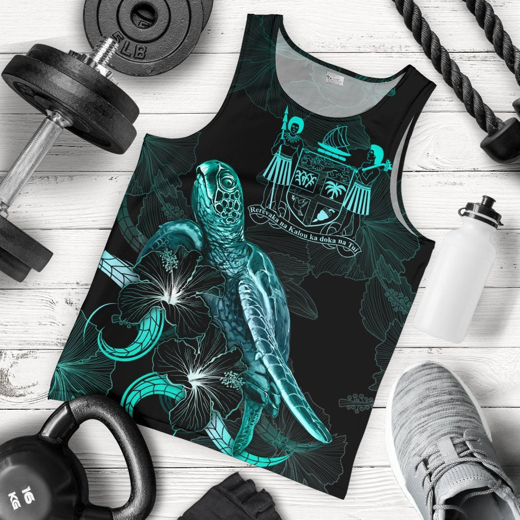 Fiji Polynesian Men Tank Top - Turtle With Blooming Hibiscus Tuquoise Turquoise - Polynesian Pride