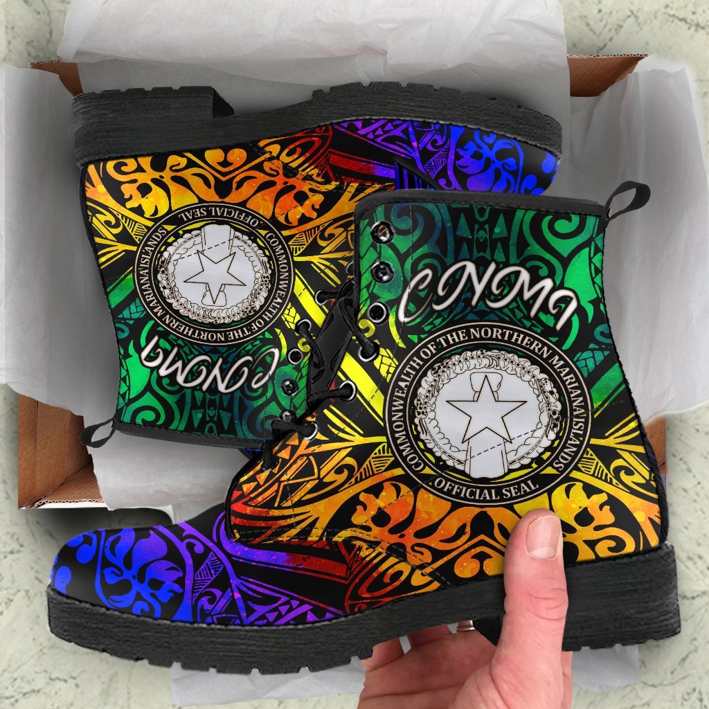 Northern Mariana Islands Leather Boots - Rainbow Polynesian Pattern Rainbow - Polynesian Pride