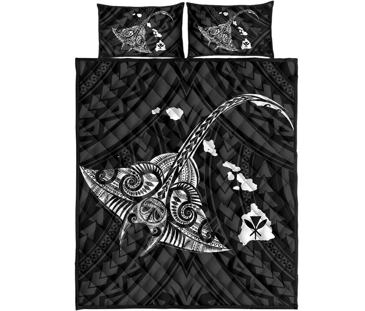 Hawaii Manta Ray Map Polynesian White Quilt Bed Set White - Polynesian Pride