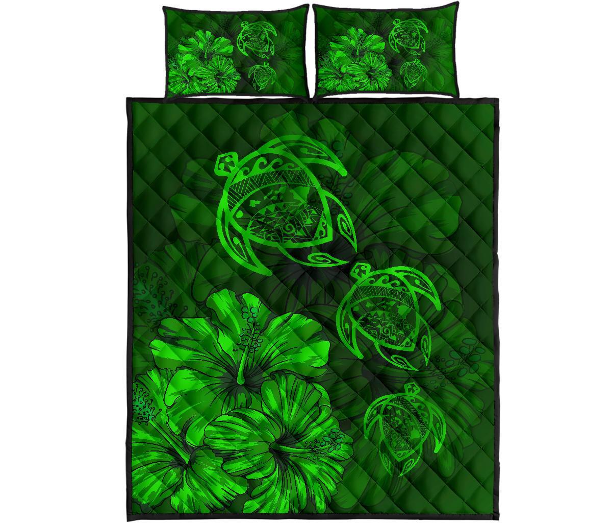 Hawaiian Map Turtle Hibiscus Vintage Polynesian Quilt Bedding Set Green Green - Polynesian Pride