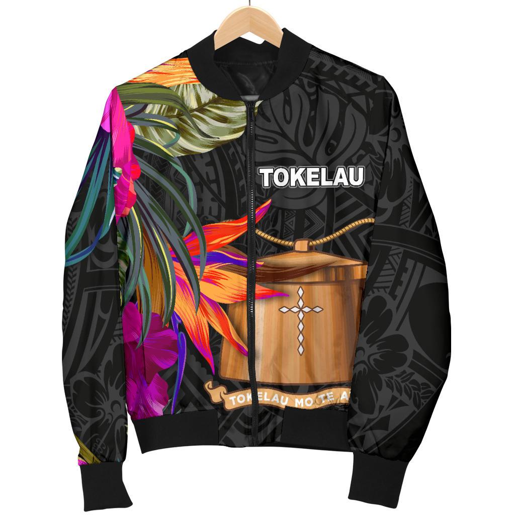 Tokelau Men's Bomber Jacket - Polynesian Hibiscus Pattern Black - Polynesian Pride