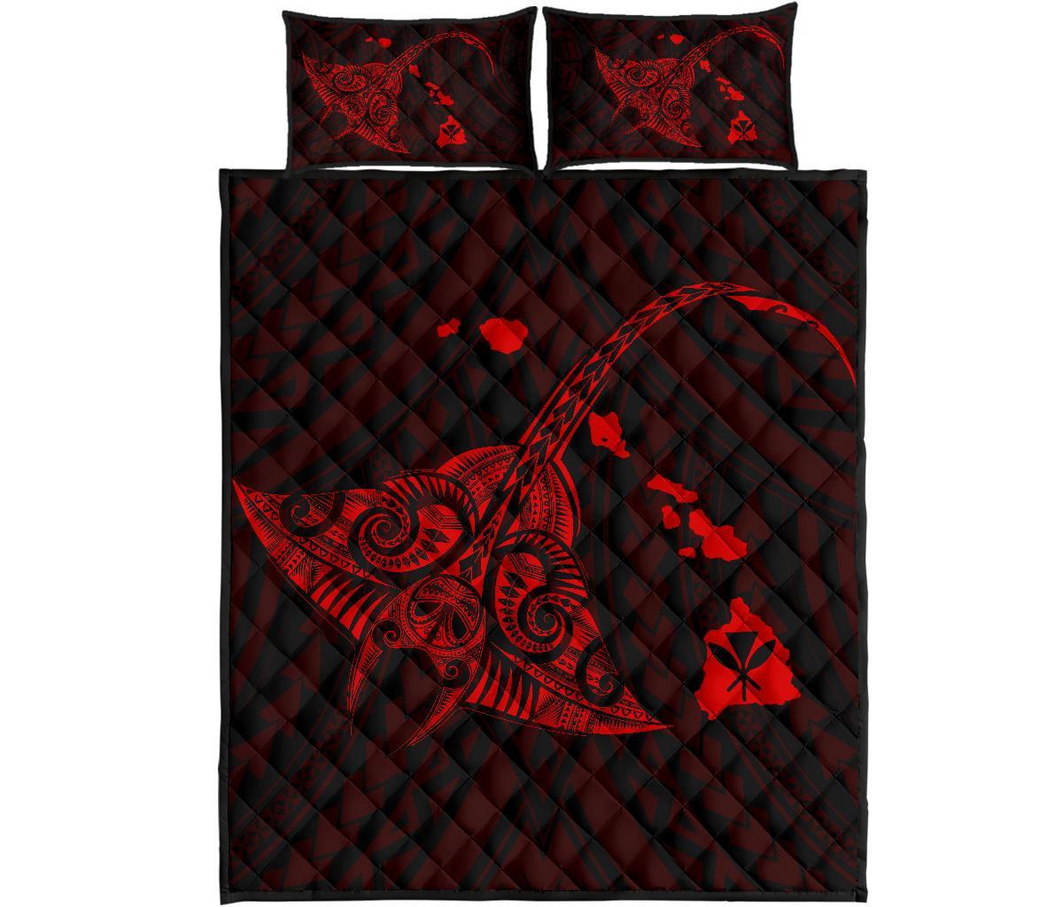 Hawaii Manta Ray Map Polynesian Red Quilt Bed Set Red - Polynesian Pride