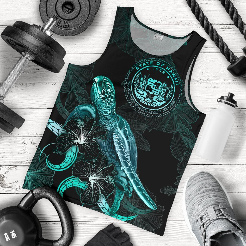 Hawaii Polynesian Men Tank Top - Turtle With Blooming Hibiscus Tuquoise Turquoise - Polynesian Pride