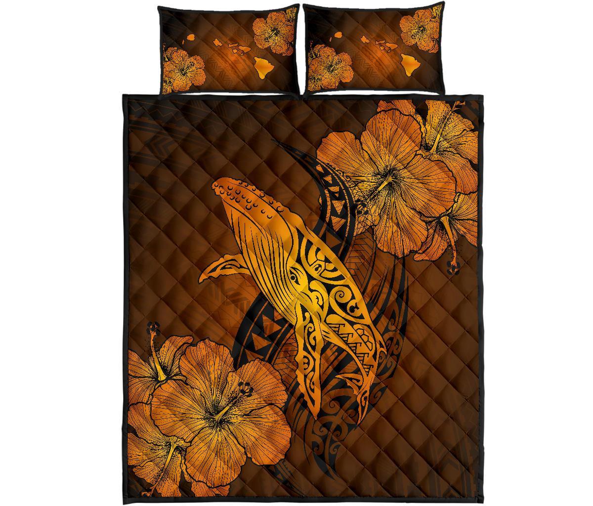 Hawaiian Whale Swim Hibiscus Polynesian Quilt Bedding Set - Orange Orange - Polynesian Pride