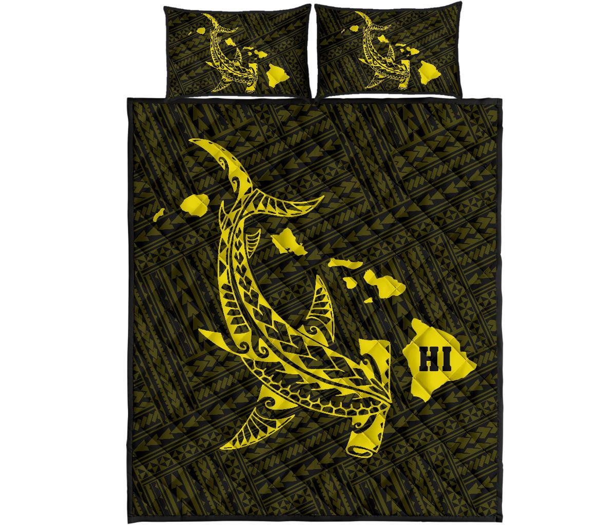 Hawaiian Map Hamerhead Shark Polynesian Quilt Bedding Set Yellow Yellow - Polynesian Pride