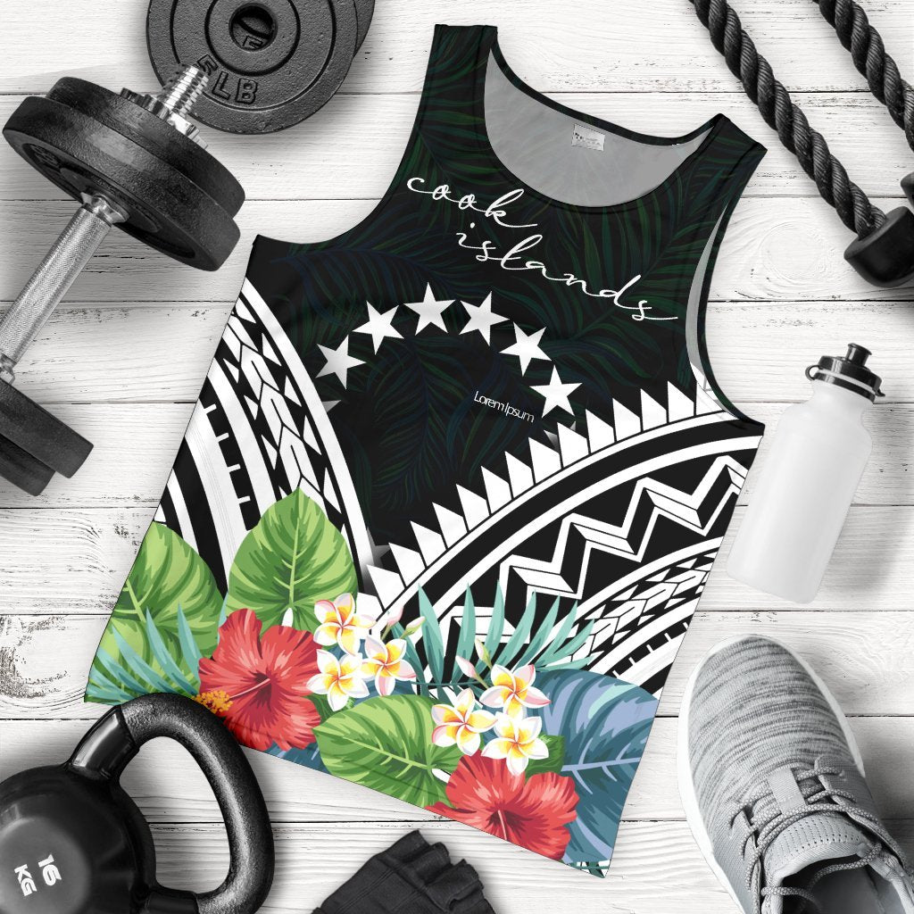 Cook Islands Men's Tank Top - Cook Islands Coat of Arms & Polynesian Tropical Flowers White White - Polynesian Pride