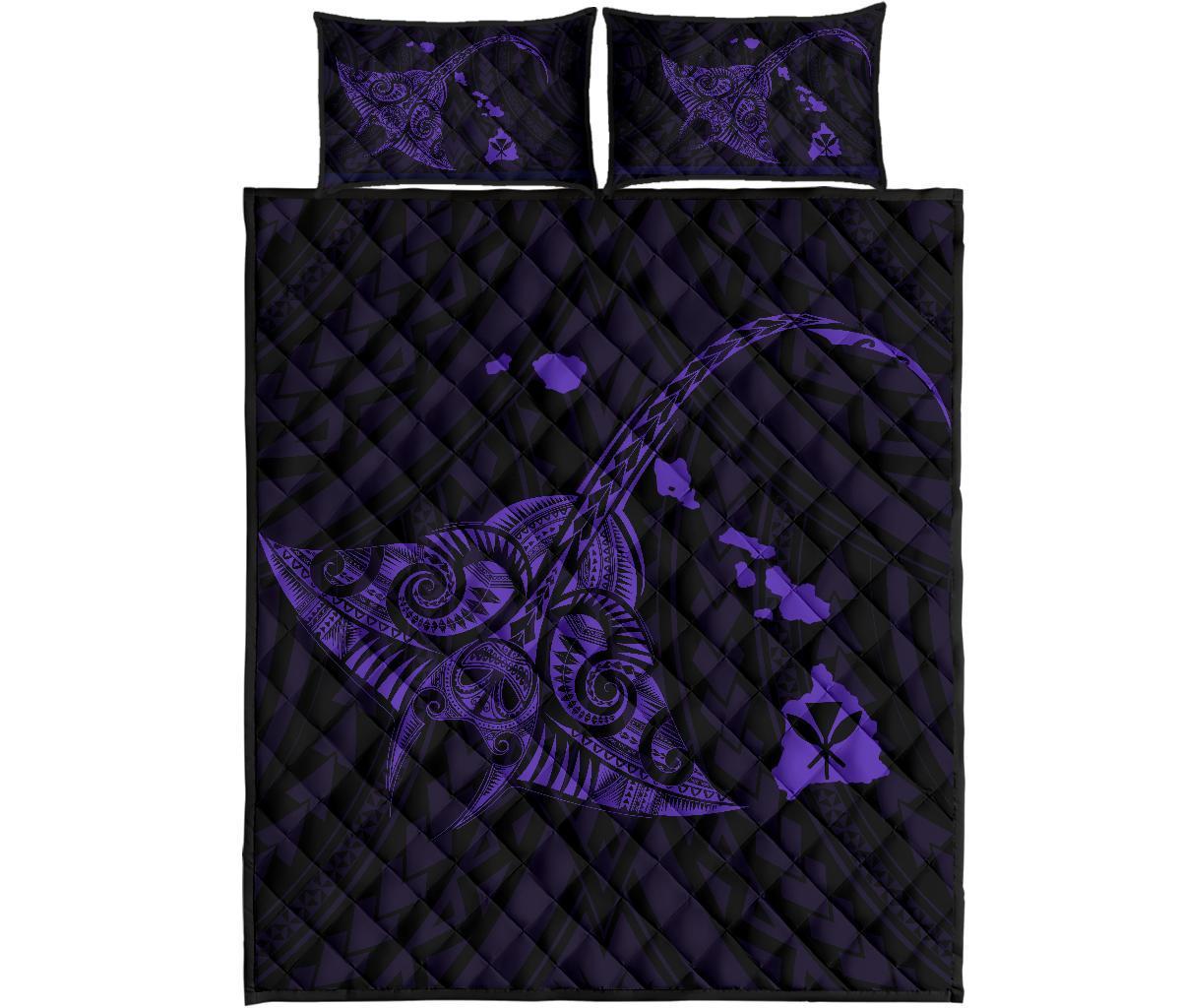 Hawaii Manta Ray Map Polynesian Purple Quilt Bed Set Art - Polynesian Pride