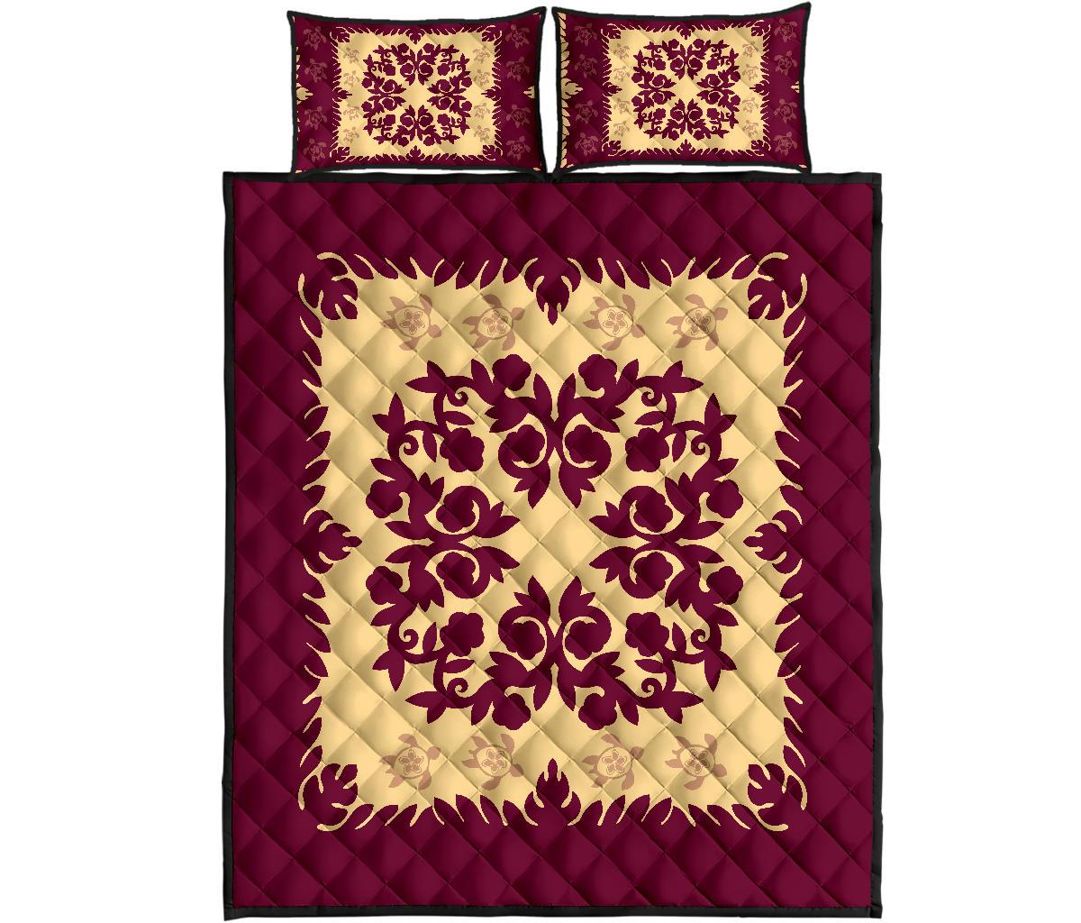 Hawaii Quilt Bed Set - Hawaiian Quilt Plumeria Medallion Burgundy - AH Red - Polynesian Pride