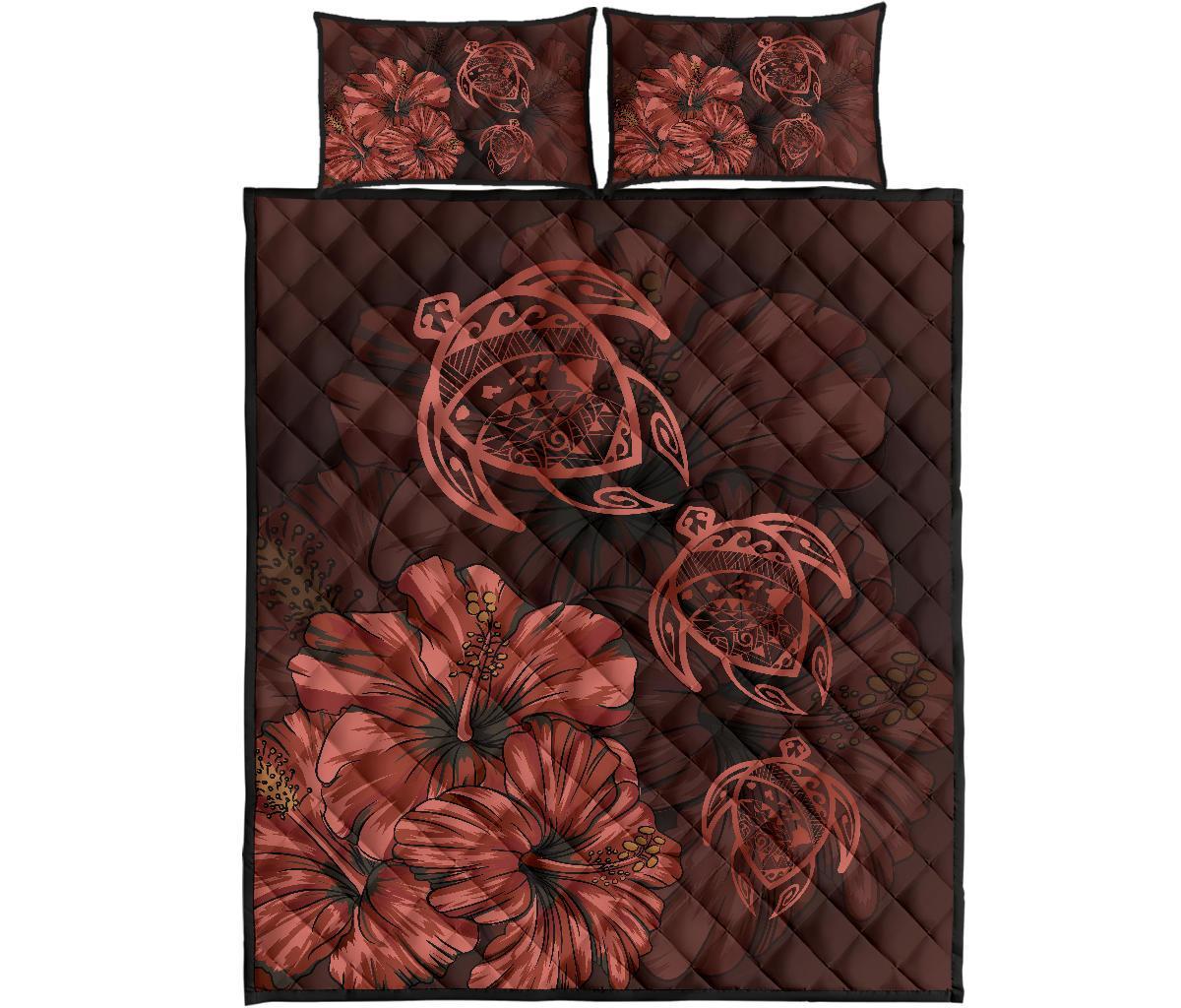 Hawaiian Map Turtle Hibiscus Polynesian Quilt Bedding Set Red Vintage Red - Polynesian Pride