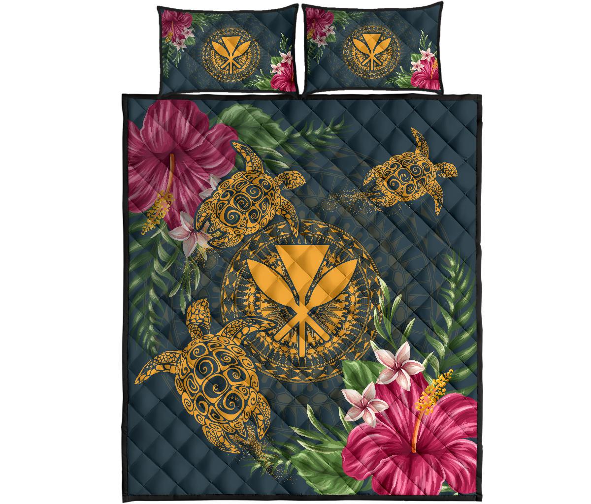 Hawaii Kanaka Turtle Hibiscus Plumerian Polynesia Quilt Bed Set - Alena Style Green - Polynesian Pride