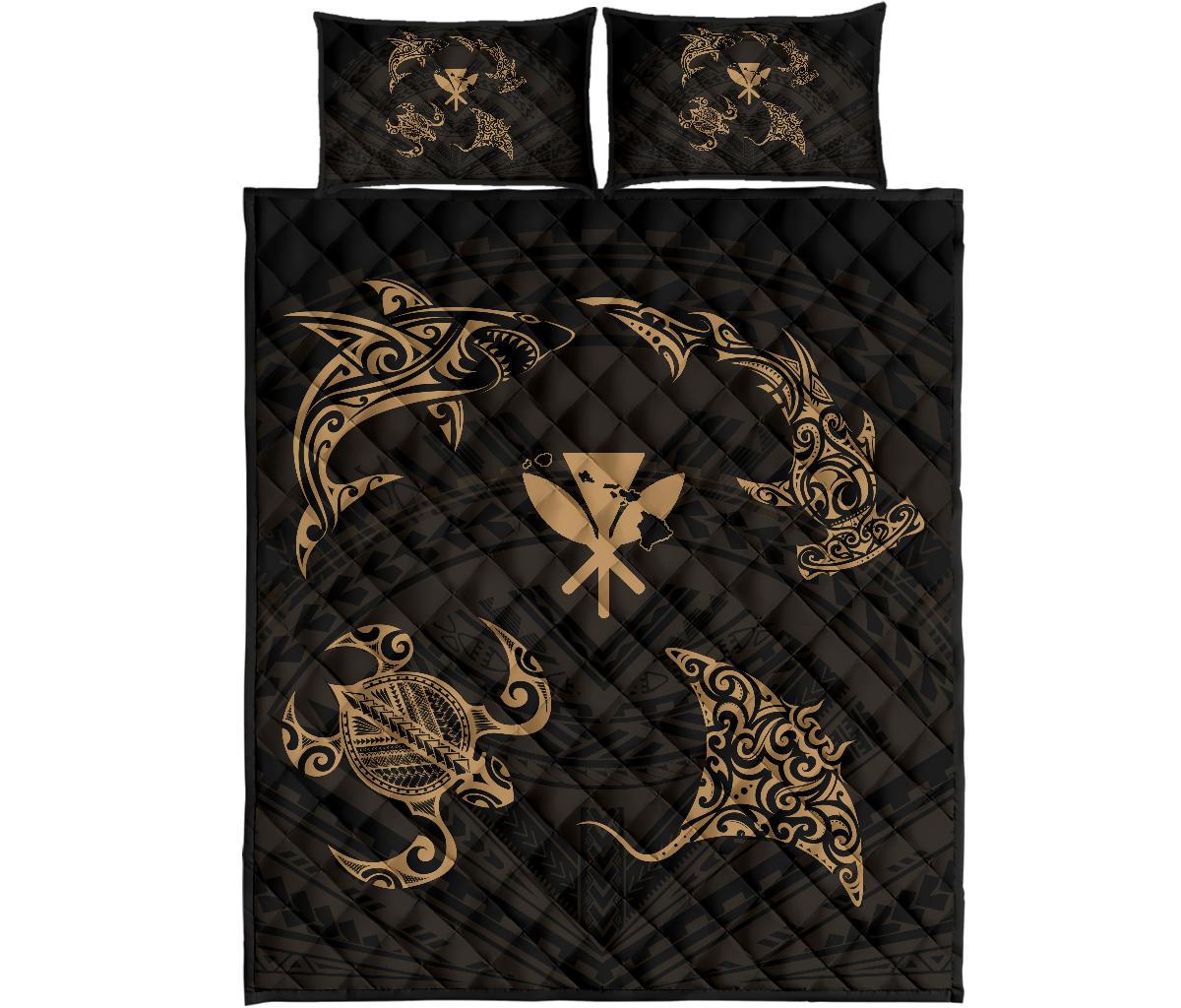 Hawaii Map Kanaka Polynesian Quilt Bed Set Circle Underwater Gold Gold - Polynesian Pride