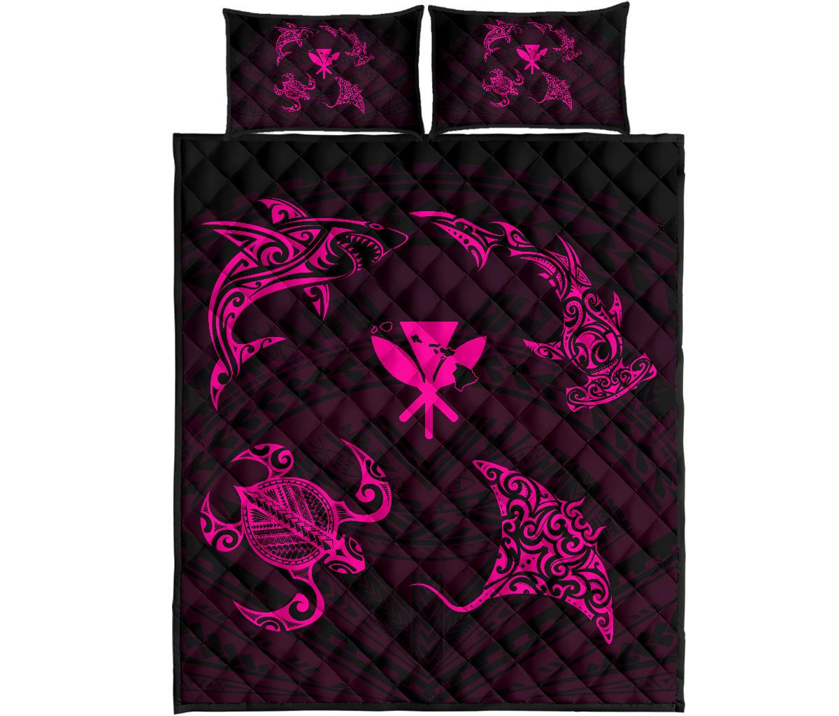 Hawaii Map Kanaka Polynesian Quilt Bed Set Circle Underwater Pink Art - Polynesian Pride