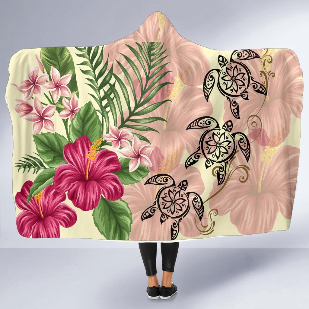 Hawaii Turtle Hibiscus Plumeria Beige Style - Hooded Blanket AH - Polynesian Pride