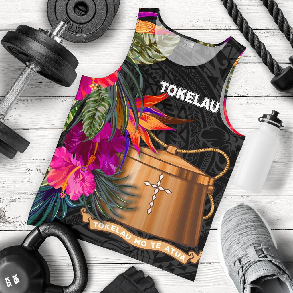 Tokelau Men's Tank Top - Polynesian Hibiscus Pattern Black - Polynesian Pride