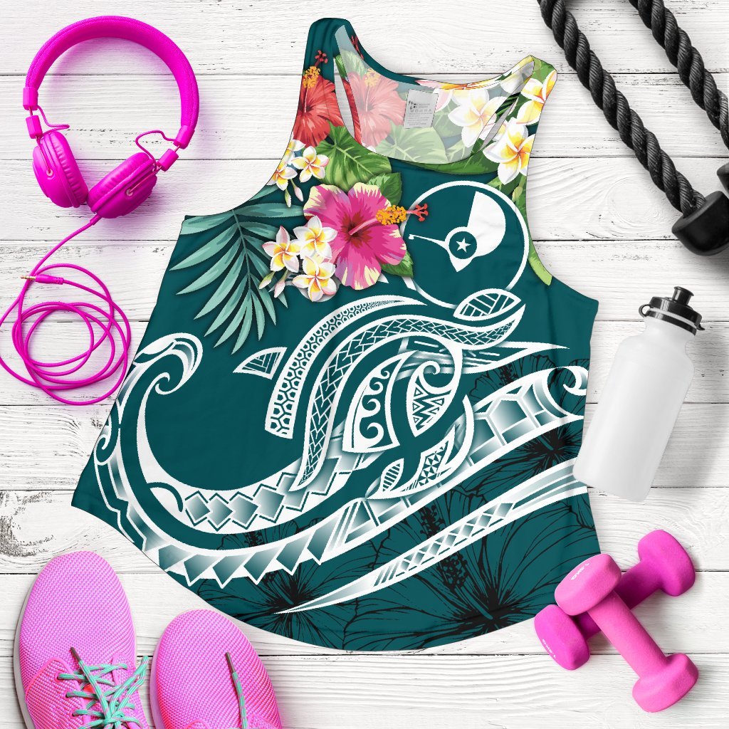 YAP Polynesian Women's Racerback Tank - Summer Plumeria (Turquoise) Turquoise - Polynesian Pride