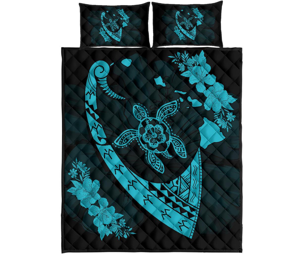 Hawaiian Map Hibiscus Turtle Fish Hook Polynesian Quilt Bedding Set Blue Blue - Polynesian Pride