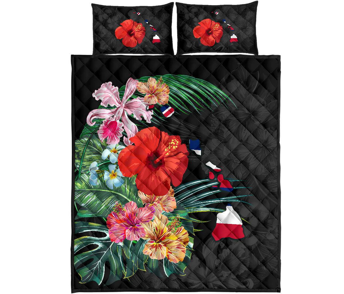 Hawaii Bedding Set - Hawaii Map Hibiscus Quilt Bed Set Black - Polynesian Pride