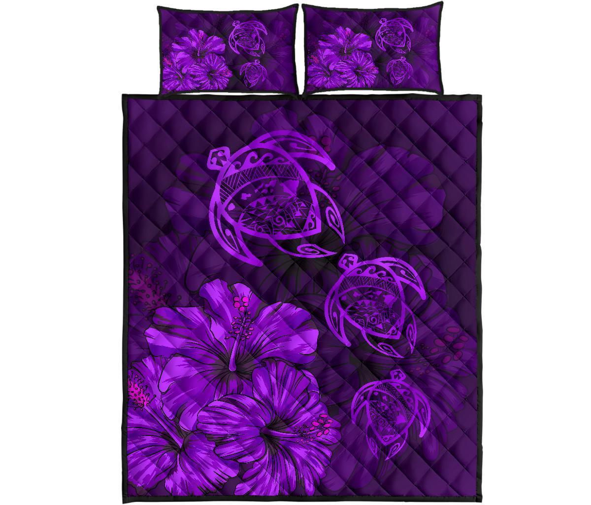 Hawaiian Map Turtle Hibiscus Vintage Polynesian Quilt Bedding Set Purple Art - Polynesian Pride