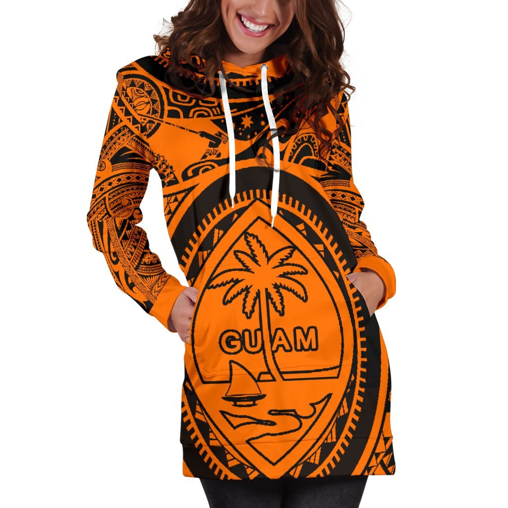 Polynesian Hoodie Dresses - Guam Flag, Seal with Maui Moana Tattoo Orange - Polynesian Pride