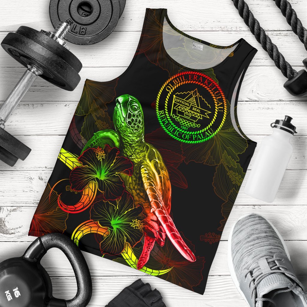 Palau Polynesian Men Tank Top - Turtle With Blooming Hibiscus Reggae Reggae - Polynesian Pride