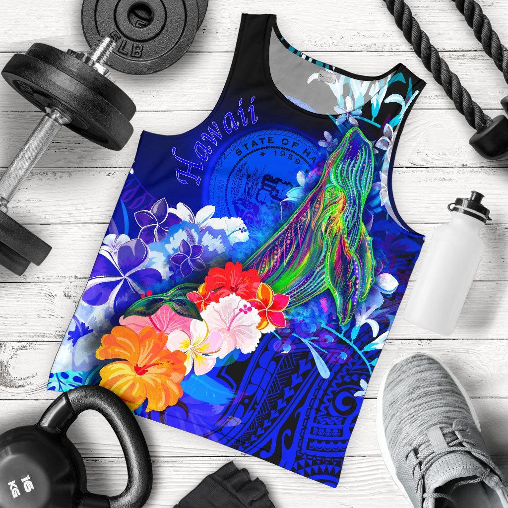 Polynesian Hawaii Men's Tank Top - Humpback Whale with Tropical Flowers (Blue) Blue - Polynesian Pride