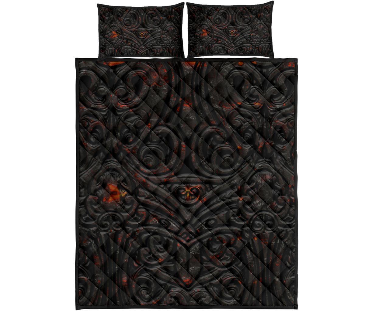 New Zealand Warriors Quilt Bed Set Maori Tiki Vocalno Style Black - Polynesian Pride